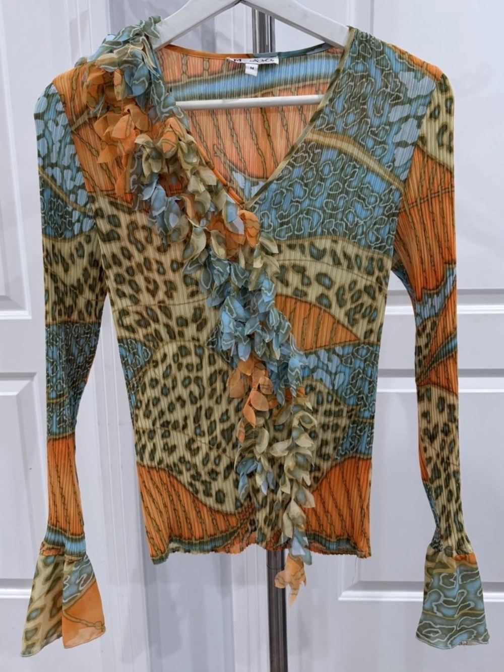 MK Solo Vintage Ruffle Front Crinkle Blouse Bell Sleeve M whimsical